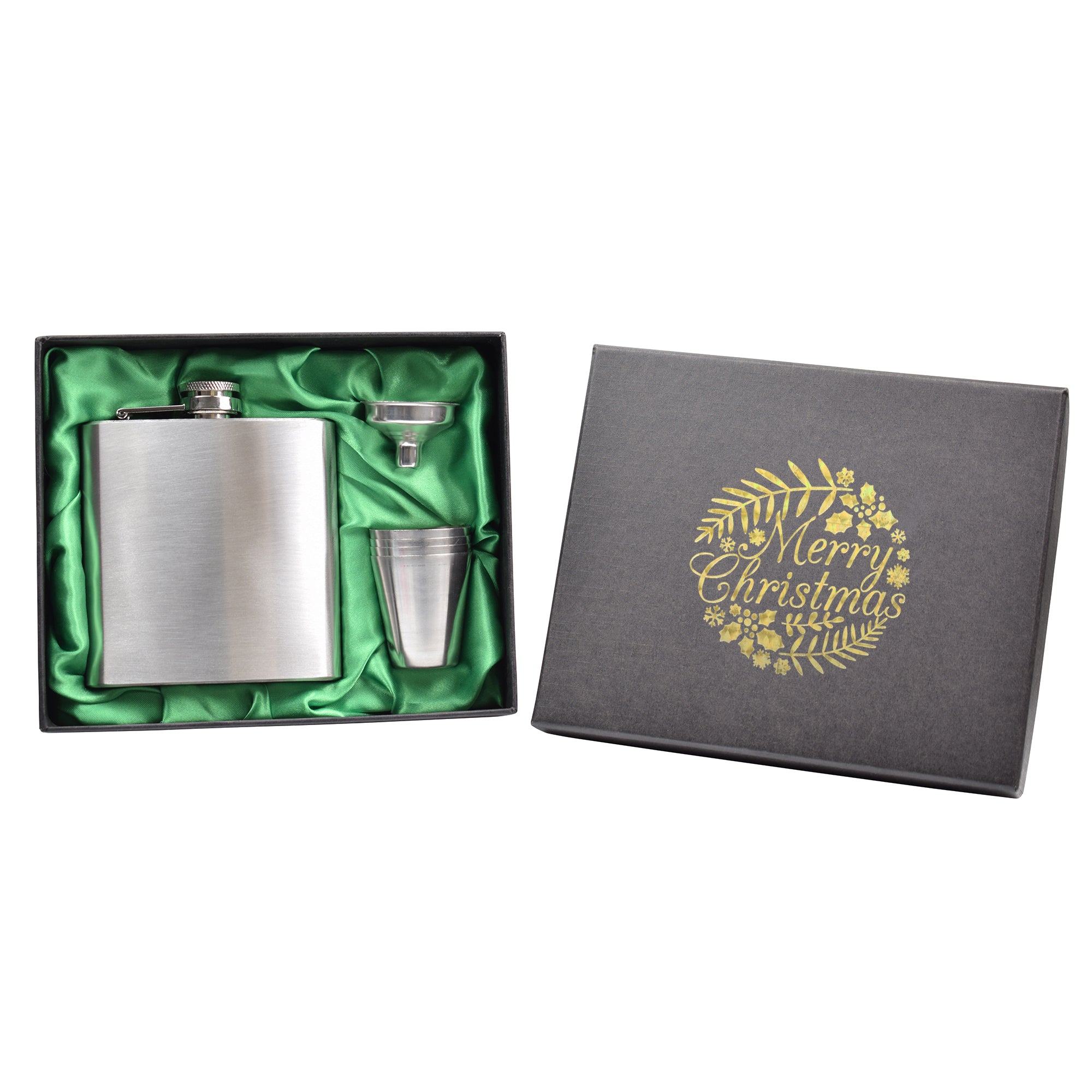 Merry Christmas 6oz Hip Flask in Gift Box with Funnel and Cups