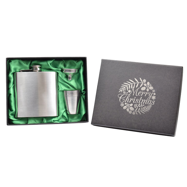 Merry Christmas 6oz Hip Flask in Gift Box with Funnel and Cups