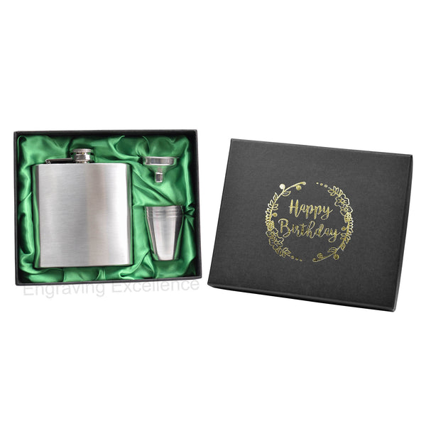 6oz Hip Flask in Gift Box with Funnel and Cups with a printed Happy Birthday lid