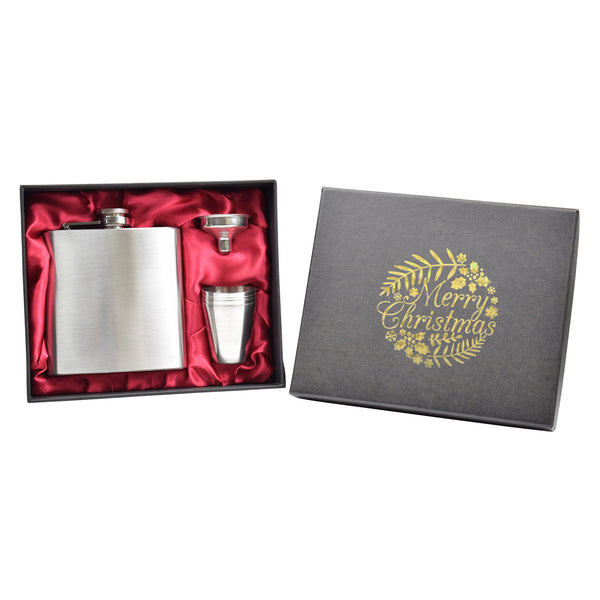 Merry Christmas 6oz Hip Flask in Gift Box with Funnel and Cups