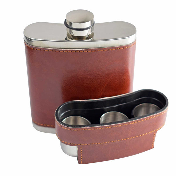 Personalised 8oz Leather Case Hip Flask with 3 Cups