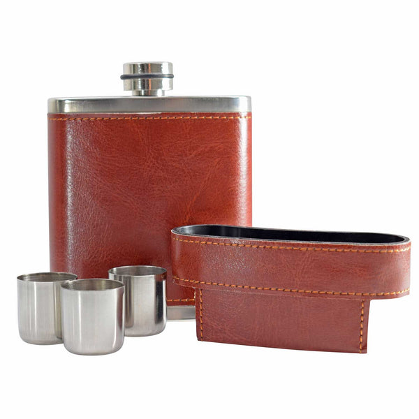 Personalised 8oz Leather Case Hip Flask with 3 Cups