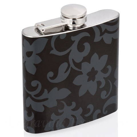 6oz Vinyl Covered Flask with Black Floral Pattern