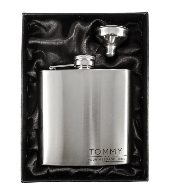 Boxed Name Silver 6oz Hip Flask