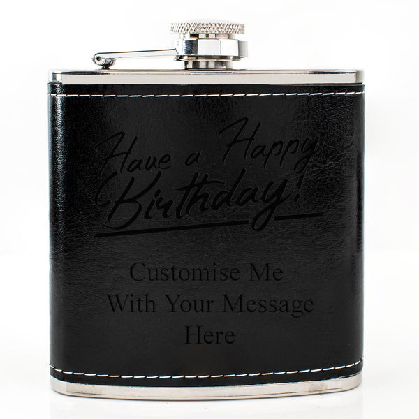 Black Leather Hip Flask Gift Set - Happy Birthday Style 2