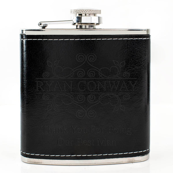 Black Leather Hip Flask Gift Set - Wedding Flourishes Design