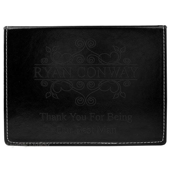 Black Leather Hip Flask Gift Set - Wedding Flourishes Design