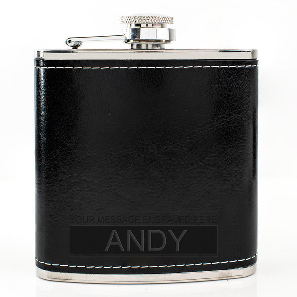 Black Leather Hip Flask Gift Set - Boxed Name