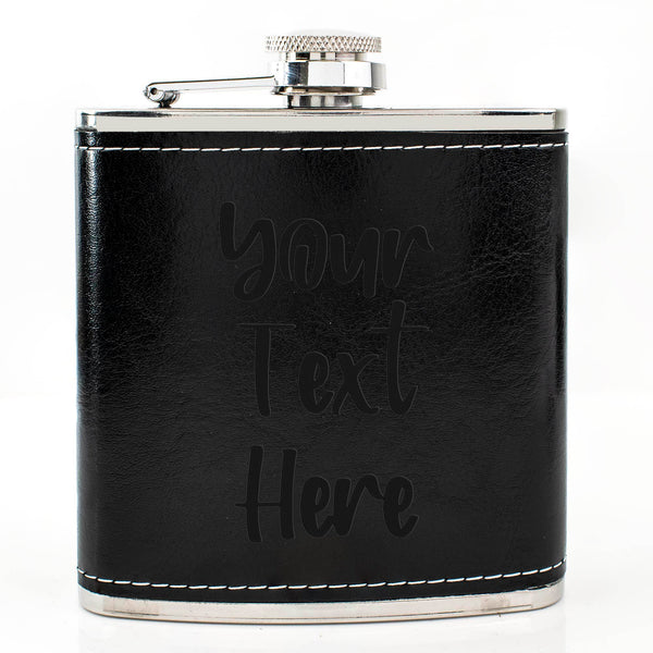 Black Leather Hip Flask Gift Set - Your Text Here