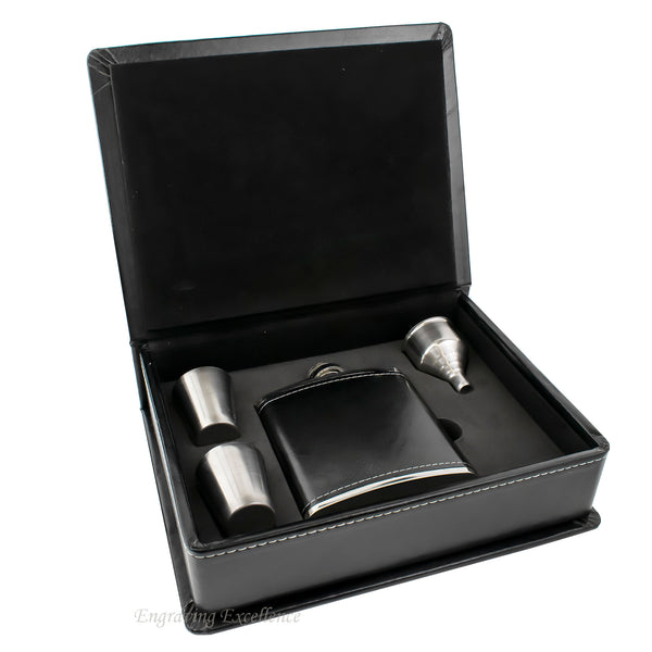 Black Leather Hip Flask Gift Set - Your Text Here