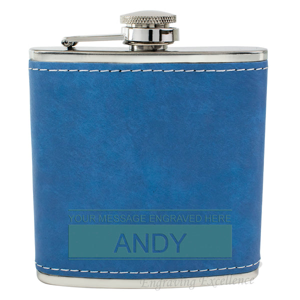 Blue Leather Hip Flask Gift Set - Boxed Name