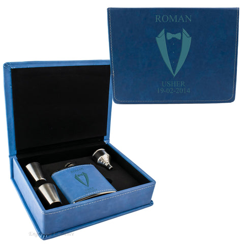 Blue Leather Hip Flask Gift Set - Wedding Suit Design