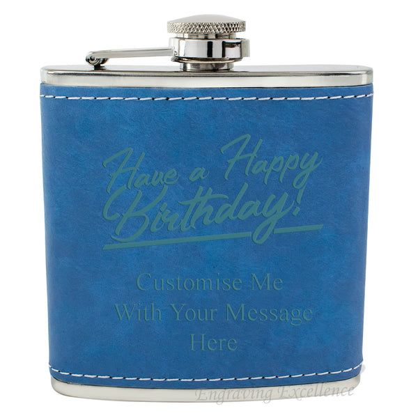 Blue Leather Hip Flask Gift Set - Happy Birthday Style 2