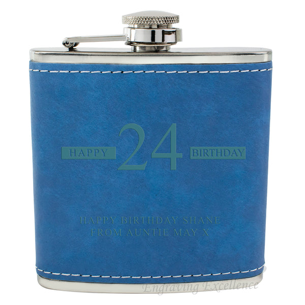 Blue Leather Hip Flask Gift Set - Happy Birthday Style 3