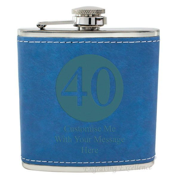 Blue Leather Hip Flask Gift Set - Happy Birthday Style 1