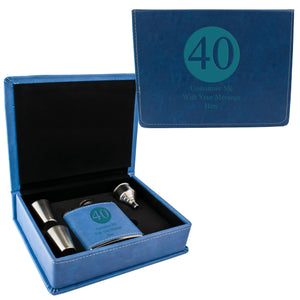 Blue Leather Hip Flask Gift Set - Happy Birthday Style 1