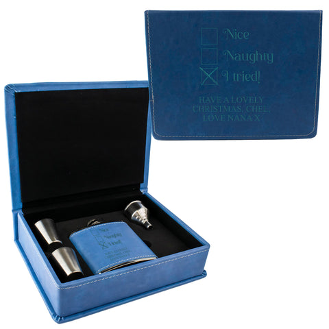 Blue Leather Hip Flask Gift Set - Christmas Design