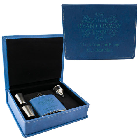 Blue Leather Hip Flask Gift Set - Wedding Flourishes Design