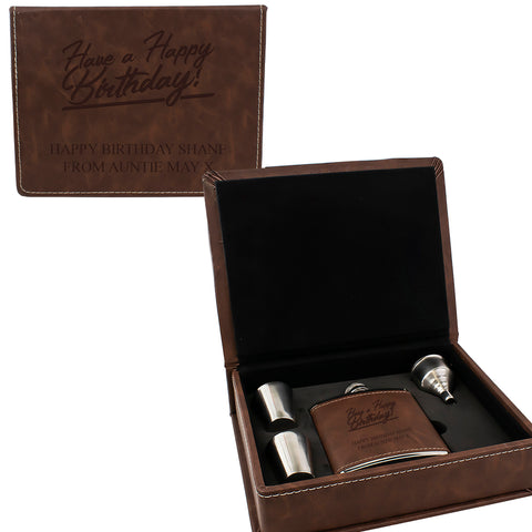 Brown Leather Hip Flask Gift Set - Happy Birthday Style 2