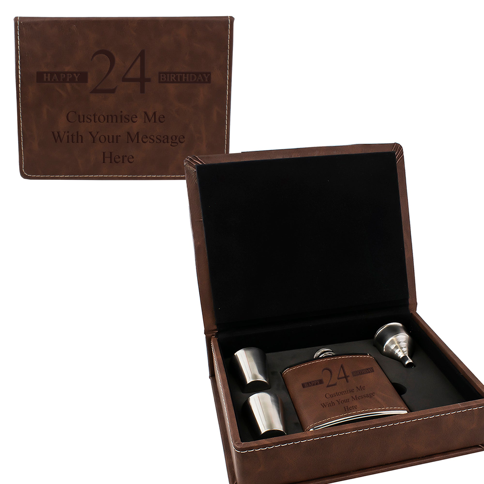 Brown Leather Hip Flask Gift Set - Happy Birthday Style 3