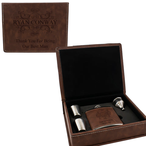 Brown Leather Hip Flask Gift Set - Wedding Flourishes Design