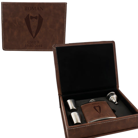 Brown Leather Hip Flask Gift Set - Wedding Suit Design