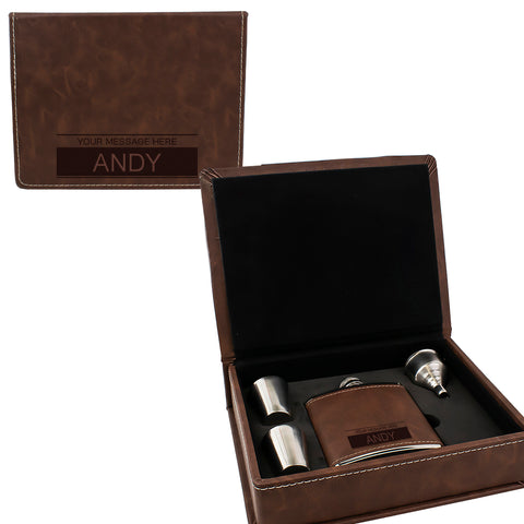 Brown Leather Hip Flask Gift Set - Boxed Name