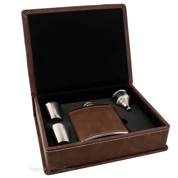 Brown Leather Hip Flask Gift Set - Boxed Name