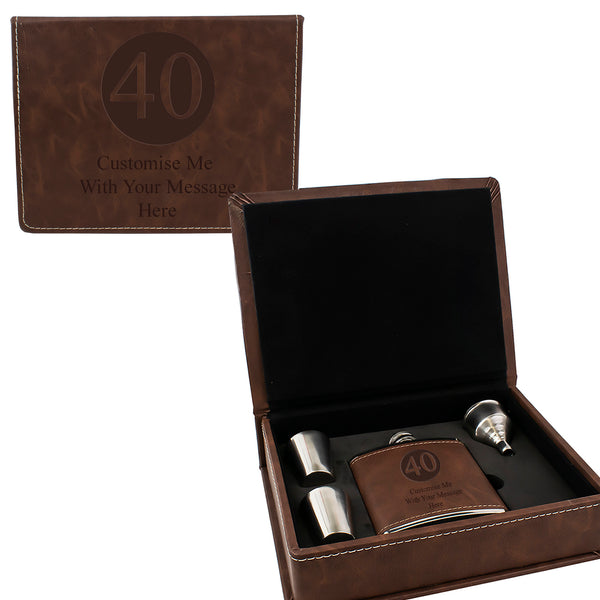 Brown Leather Hip Flask Gift Set - Happy Birthday Style 1