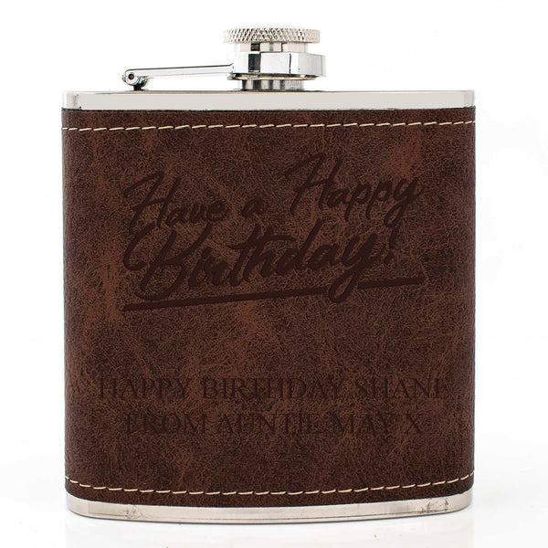 Brown Leather Hip Flask Gift Set - Happy Birthday Style 2