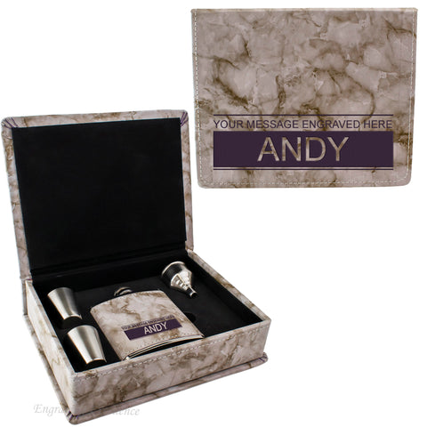 Grey Marble Leather Hip Flask Gift Set - Boxed Name
