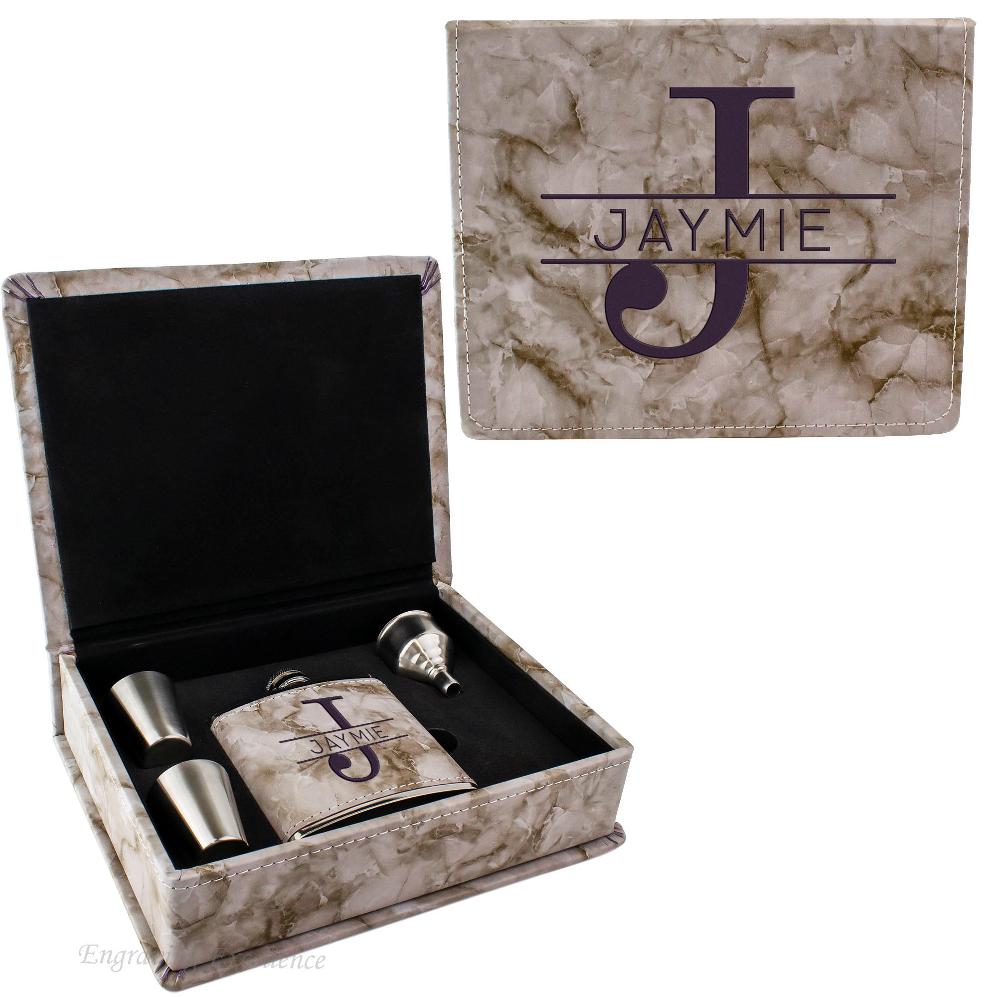 Grey Marble Leather Hip Flask Gift Set - Monogram Design