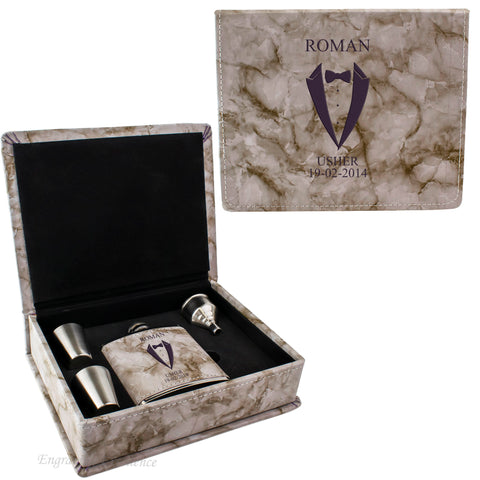 Grey Marble Leather Hip Flask Gift Set - Wedding Suit Design