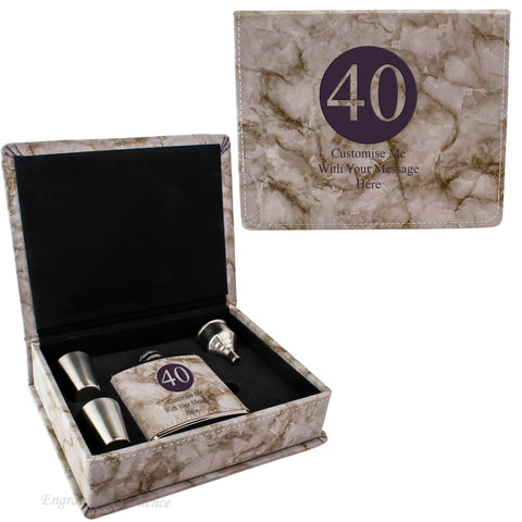 Grey Marble Leather Hip Flask Gift Set - Happy Birthday Style 1