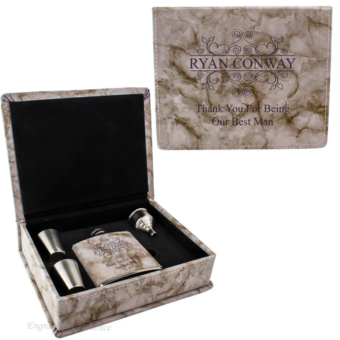 Grey Marble Leather Hip Flask Gift Set - Wedding Flourishes Design