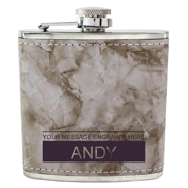 Grey Marble Leather Hip Flask Gift Set - Boxed Name