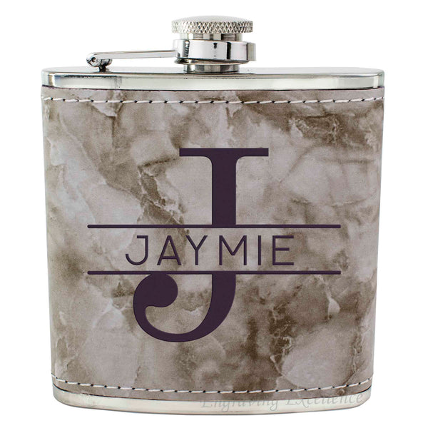 Grey Marble Leather Hip Flask Gift Set - Monogram Design