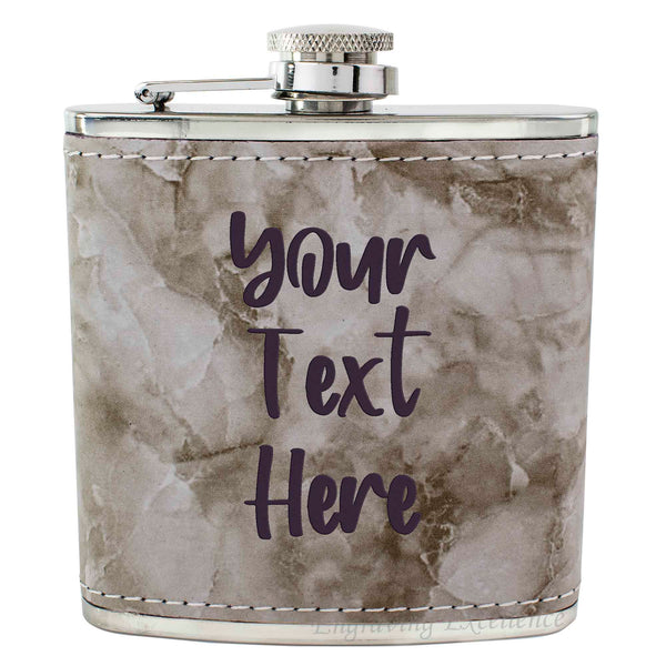 Grey Marble Leather Hip Flask Gift Set - Your Text Here