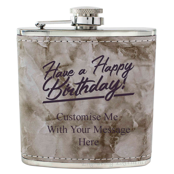 Grey Marble Leather Hip Flask Gift Set - Happy Birthday Style 2