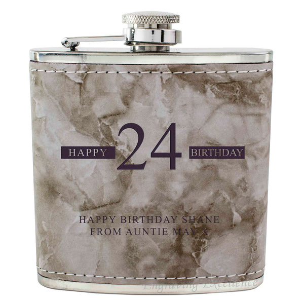 Grey Marble Leather Hip Flask Gift Set - Happy Birthday Style 3