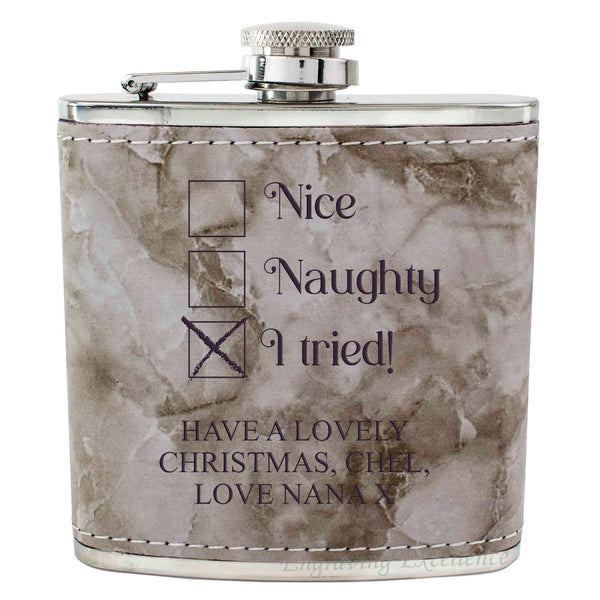 Grey Marble Leather Hip Flask Gift Set - Christmas Design