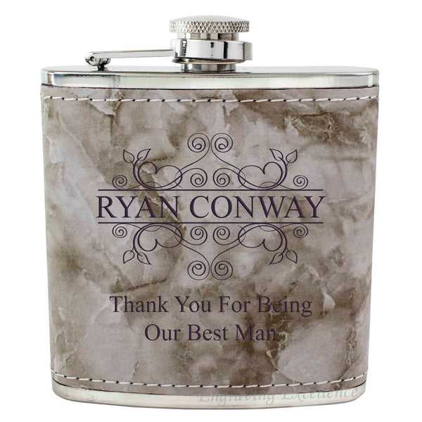 Grey Marble Leather Hip Flask Gift Set - Wedding Flourishes Design