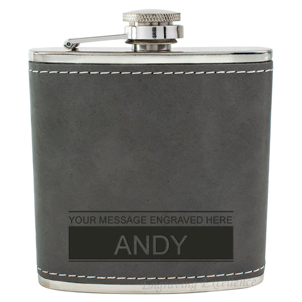 Grey Leather Hip Flask Gift Set - Boxed Name