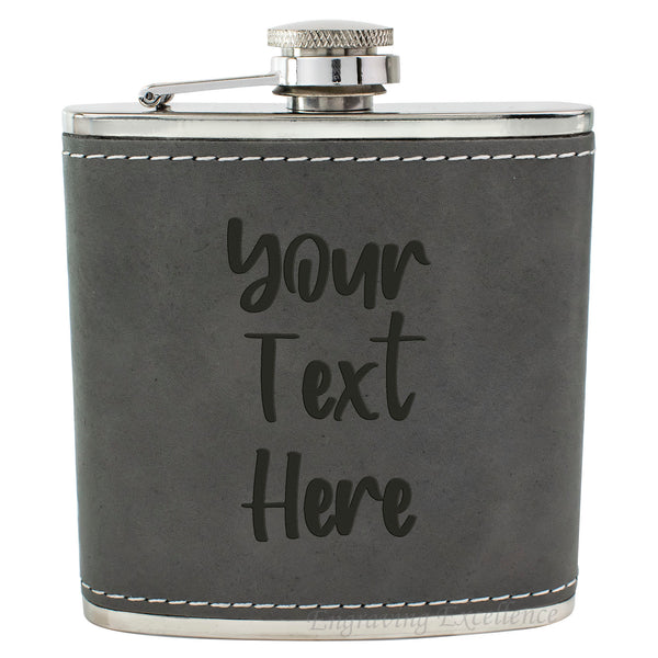 Grey Leather Hip Flask Gift Set - Your Text Here