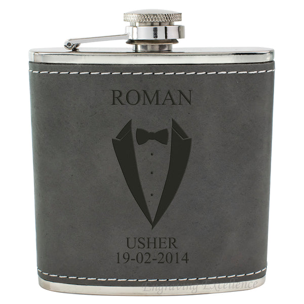 Grey Leather Hip Flask Gift Set - Wedding Suit Design
