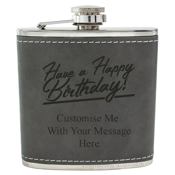 Grey Leather Hip Flask Gift Set - Happy Birthday Style 2