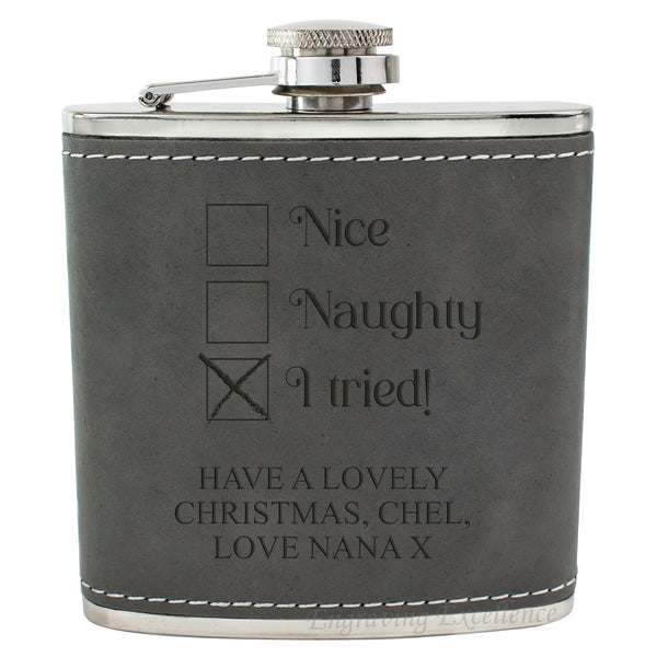 Grey Leather Hip Flask Gift Set - Christmas Design