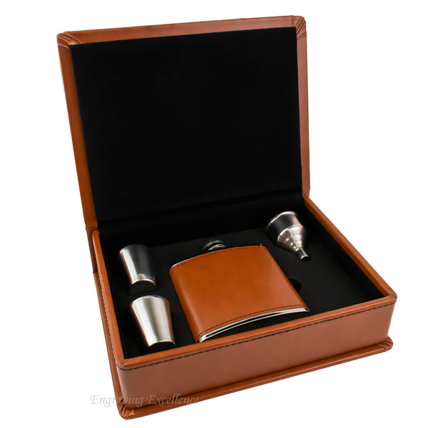 Tan Brown Leather Hip Flask Gift Set - Wedding Flourishes Design