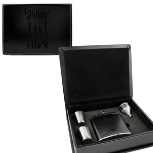 Black Leather Hip Flask Gift Set - Your Text Here