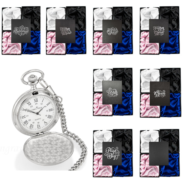 Silver Pocket Watch with Roman Numerals in a Wedding Printed Gift Box